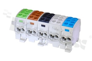 Złączka na szyne DIN; blok rozdzielczy odgałęźny;zielony brązowy czarny szary niebieski; pięciobiegunowy;35mm2; Al/Cu;1000V AC/DC ;202A
