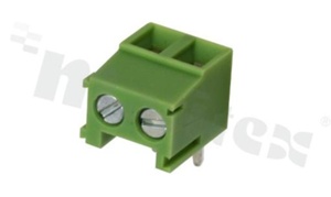 Listwa zaciskowa do PCB; w rastrze 3.81mm; 2-torowa; kątowa; na przewód 1.0mm2; z ruchomą osłoną przewodu; ze śrubami na wkrętak płaski; klatka mosiężna; zielona; UL 130V/9A