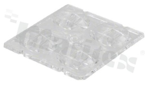 Lens for LED high power; mid power; angle: asymmetric; Number of LEDs: 4; Dimensions: 50x50mm; Height: 7.1mm; meterial: PMMA; Fastening: glue; pin; screw