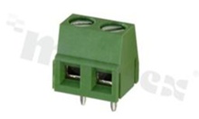 Listwa zaciskowa do PCB; w rastrze 5.00mm; 2-torowa; pionowa; na przewód 1.5mm2 (AWG 22-14); z ruchomą osłoną przewodu; ze śrubami na wkrętak płaski; klatka mosiężna; zielona; UL 300V/10A, TUV 250V/16A