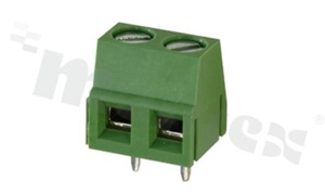 Listwa zaciskowa do PCB; w rastrze 5.00mm; 2-torowa; pionowa; na przewód 1.5mm2 (AWG 22-14); z ruchomą osłoną przewodu; ze śrubami na wkrętak płaski; klatka mosiężna; zielona; UL 300V/10A, TUV 250V/16A