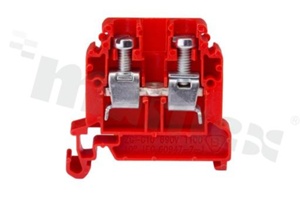 Złączka szynowa ; 1-poziomowa; 2-zaciskowa na przewód 0,5-10,0mm2; zacisk śrubowy; czerwona; na szyne DIN; 690V/57A