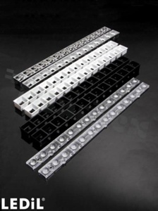 Lens for LED high power; angle: 50 to 76 degrees FWHM; Number of LEDs: 14; Dimensions: 280x21mm; Height: 13.3mm; meterial: PMMA; Fastening: pin; screw; snaps