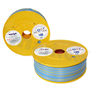 Single wire LGY/H05V-K; with copper multi-strand; blue/yellow; cross section 0.75mm2; AWG 18; 500V; -40+105 deg.C; 100m.