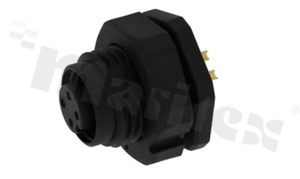 Gniazdo M12; 4-stykowe; żeńskie; proste; 4A; plastikowy gwint; na panel; z nakrętką z przodu; lutowane; IP68