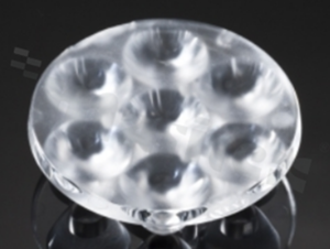 Lens for LED high power; mid power; angle: 18 to 27 degrees FWHM; Number of LEDs: 7; Dimensions: round 40mm; Height: 10.7mm; meterial: PMMA; Fastening: glue; pin