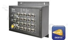 EN50155 20-port managed Gigabit PoE Ethernet switch with 16x10/100/1000Base-T(X) P.S.E. ports and 4x10/100/1000Base-T(X); M12 connector; oper. temp. operating temperature -40+70 deg.C; supply 50...57VDC