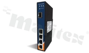 Switch przemysłowy Gigabit; niezarządzalny; 4 porty 10/100/1000Base-T(X) RJ45 i 1 port 1000Base-X SFP; temp. pracy: -40+70 st.C; zasilanie redundantne 12...48VDC; montaż na szynie DIN