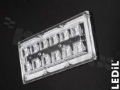 Soczewka do diod LED high power; mid power; kąt rozsyłu: 49 do 61 stopni FWHM; ilość diod: 12; rozmiar: 173x71mm; wysokość: 11.4mm; rodzaj materiału: PC; silikon; sposób mocowania: kołek