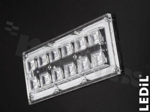 Lens for LED high power; mid power; angle: 49 to 61 degrees FWHM; Number of LEDs: 12; Dimensions: 173x71mm; Height: 11.4mm; meterial: PC; silicone; Fastening: pin