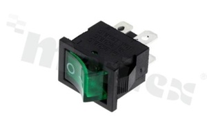 Rocker Switch; 2-pole; 2 positions; 19x13mm; pin terminals; green illuminated button; 10A/125V
