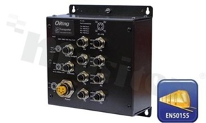 EN50155 10-port managed PoE Ethernet switch with 8x10/100Base-T(X) P.S.E. and 2xEthernet extender with 1xbypass function; M12 connector; operating temperature -40+70 deg.C; supply 48VDC