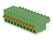 Pluggable terminal block; 3.81mm pitch; 10-ways; female; for wire 1.50mm2 (28-16AWG); wire insertion direction same as plug-in direction; p.bronze contacts; spring clamp; brass cage; UL 300/8A TUV 250/12A