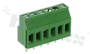 Listwa zaciskowa do PCB; w rastrze 5.00mm; 6-torowa; pionowa; na przewód 0.5-2.5mm2 (AWG 26-12); ze śrubami na wkrętak krzyżakowy; klatka mosiężna; zielona; UL 300V/20A, TUV 250V/20A