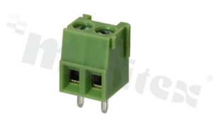 Listwa zaciskowa do PCB; w rastrze 3.50mm; 2-torowa; pionowa; na przewód 1.0mm2; z ruchomą osłoną przewodu; ze śrubami na wkrętak płaski; klatka mosiężna; zielona; UL 130V/9A