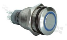 Przełącznik wandaloodporny; monostabilny; 16mm; terminale do lutowania; stal nierdzewna; podświetlenie krawędziowe niebieskie; LED 6V; IP67