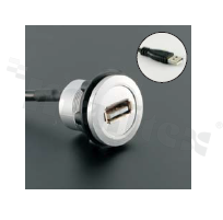 Gniazdo USB2.0; żeńskie; otwór montażowy 22mm; podłączenie na wtyk USB2.0 męski; korpus srebrny; plastik.