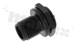 Receptacle M12; A-code; 4 pins; male; straight; 4A; plastic; for panel; front side nut; solder; IP68