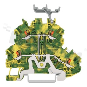 Złączka instalacyjna; 2-poziomowa;PE/ przelotowa; przyciski; 4-zaciskowa na przewód 0.14-1.5mm2 (24-16AWG); ze stykiem sprężynowym; żółto-zielona; na szynę DIN;