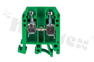 Złączka szynowa; 1-poziomowa; 2-zaciskowa na przewód 0,5-16,0mm2; zacisk śrubowy; zielona; na szyne DIN; 1000V/76A