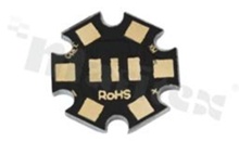 Podłoże MCPCB, przewodność cieplna 1.5W/(m*K), grubość: 2mm, Ilość warstw - 1, czarna soldermaska, kolor legendy: złota, rozmiar: gwiazdka 22mm, pokrycie padów: złoto; do diod Cree MX, /30