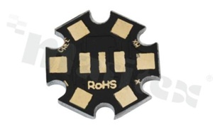 MCPCB, thermal conductivity 1.5W/(m*K), thickness: 2mm, number of layers - 1, black soldermask, legend color: gold, size: star 22mm, pad cover: gold; for Cree MX LEDs, /30