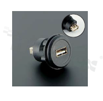 USB2.0 socket; male; mounting hole 22mm; connection to USB2.0 male plug; black; plastic.