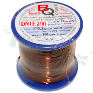 Drut nawojowy; jednokrotnie emaliowany; średnica 0.35mm; SWG 29; -65+200 st.C; 270m; 250g.