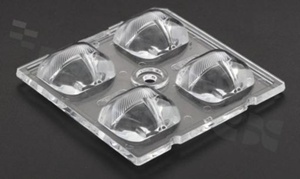 Lens for LED high power; mid power; angle: asymmetric; Number of LEDs: 4; Dimensions: 50x50mm; Height: 7.1mm; meterial: PMMA; Fastening: glue; pin; screw