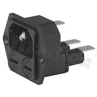 Gniazdo zasilające IEC C18 z uchwytem bezpiecznikowym 2-polowym; montaż: do panela, śruba; konektory 6,3x0,8mm; połączenia wewnętrzne; IP40; 10A/250VAC