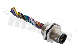 Receptacle M12; A-code; 5 pins; male; straight; 4A; for panel; rear side nut; with wire 50cm; IP68