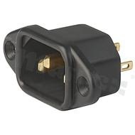AC power inlet IEC 60320 C14, gold-plated contacts, protection class I; mounting: flange with countersunk holes; solder terminals; black; IP20; 10A, 250VAC