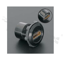 Gniazdo HDMI; żeńskie; otwór montażowy 22mm; podłączenie na wtyk HDMI żeński; korpus czarny; stop aluminium.