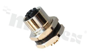M12; female receptacle; X code; 8 pins. for panel; 0;5A; front side nut; solder; IP67; RoHS