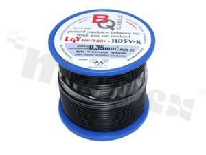 Przewód pojedynczy LGY/H05V-K; z wielodrutową miedzianą żyłą; czarny; przekrój 0.35mm2; AWG 22; 500V; -40+105 st.C; 25m.