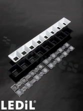 Lens for LED mid power; angle: 55 to 64 degrees FWHM; Number of LEDs: 4; Dimensions: 305x38mm; Height: 21.1mm; meterial: PMMA; Fastening: screw