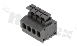 Listwa zaciskowa do PCB; w rastrze 3.81mm; 4-torowa; poziome wejście przewodu; na przewód 1.5mm2 (AWG 20-18); ze stykiem sprężynowym; szara; UL 300V/5A, IEC 250V/10A