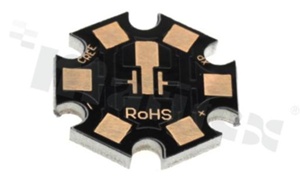 MCPCB, thermal conductivity 2W/(m*K), thickness: 2mm, number of layers - 1, black soldermask, legend color: gold, size: star 22mm, pad cover: gold; for XP/XT LEDs, /24