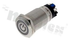 Push button switch; bistable; 19mm; solder terminals; stainless steel; green ring and power simbol illumination; IP65.