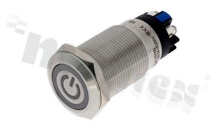 Push button switch; bistable; 19mm; solder terminals; stainless steel; green ring and power simbol illumination; IP65.