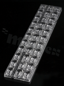 Soczewka do diod LED mid power; kąt rozsyłu: Owalny 87 x 51 stopni FWHM; ilość diod: 33; rozmiar: 61x286mm; wysokość: 8.5mm; rodzaj materiału: PMMA; sposób mocowania: śruby