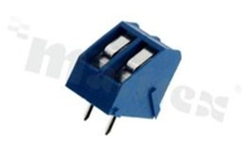 PCB terminal block; pitch 5.0mm; 2-ways; 45 deg angle; wire range 2.5mm2 (AWG 22-12); rising clamp type; brass cage; blue color; UL 300V/12A