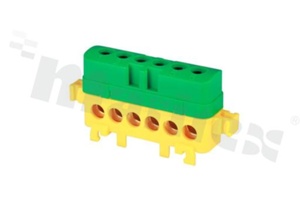 Listwa przyłączeniowa izolowana na szynę din; żółto-zielona; IP20; zaciski śrubowe;1 torowa; 6 zaciskowa;na przewód 1,5-16mm2; 400V/76A