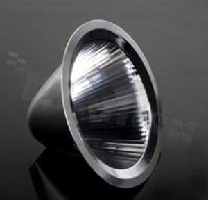 Reflektor do diod LED COB; kąt rozsyłu: 55 do 62 stopni FWHM; ilość diod: 1; rozmiar: okrąg 110mm; wysokość: 65mm; rodzaj materiału: aluminium; sposób mocowania: taśma