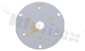 MCPCB, thermal conductivity 2W/(m*K), thickness: 1.6mm, number of layers - 1, white soldermask, legend color: gold, size: diameter 48mm, pad cover: gold; for Cree XB LEDs, /10