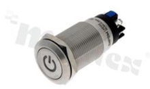 Push button switch; bistable; 19mm; screw terminals; stainless steel; red power simbol illumination; IP65.