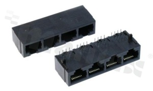 Listwa jednorzędowa; 1x4 gniazd RJ45; 8-stykowe; montaż: THT; kątowe; gabaryt 8; grubość pokrycia 6u" Au