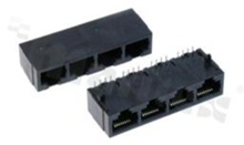 Stacked modular jacks; 1 row 1x4 jacks RJ45; 8-contacts, THT; side entry; size 8; 6u" Au