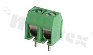 Listwa zaciskowa do PCB; w rastrze 5.00mm; 2-torowa; pionowa; na przewód 1.5mm2 (AWG 26-14); ze śrubami na wkrętak płaski; klatka mosiężna; zielona; UL 300V/20A; TUV 250V/17.5A