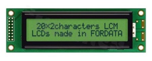 Display LCM; LCD character; 20x2 chars; STN positive yellow-green Y/G ; no backlight; view 06:00; additional font English-Japanese;